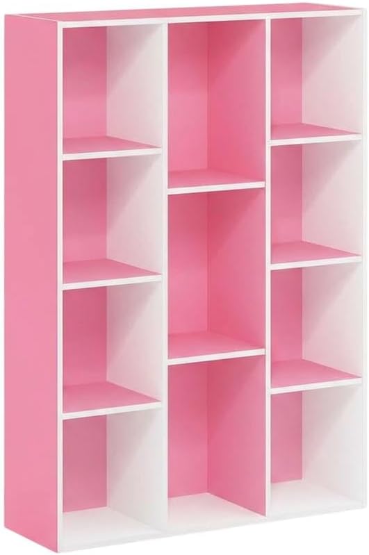 Furnifact White Pink 11-Cube Reversible Open Shelf Bookcase, Multi-Functional Storage Solution, Durable Wood Construction, Modern Design