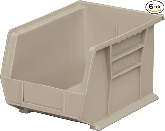 Akro-Mils 30239 AkroBins Plastic Storage Bins, Space-Saving Stackable Bins for Garage, Pantry, Craft Organization, 11-Inch x 8-Inch x 7-Inch, Stone, 6-Pack