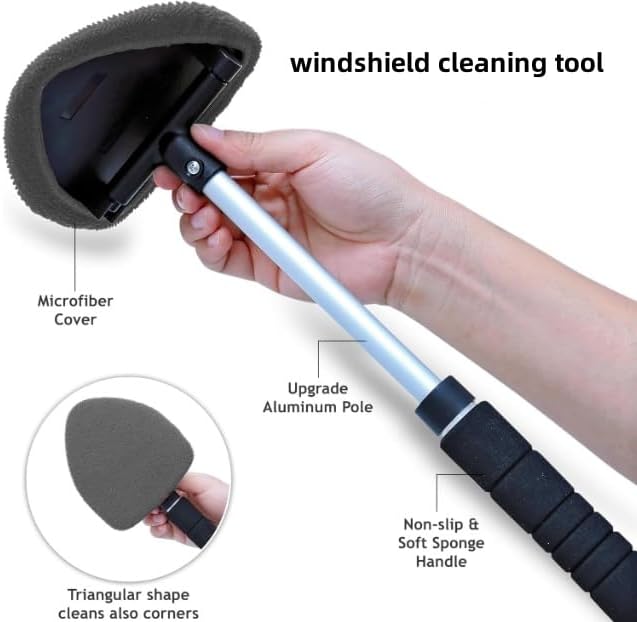 IBHOO Glass Defogger Brush for Car, Microfiber Car Windshield Cleaning Tool with Extendable Handle, with 4 Reusable and Washable Microfiber Pads