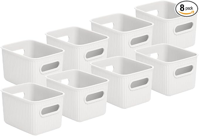 Superio Decorative Plastic Basket Open Home Storage Bins Organizer Baskets, Small, White (8 Pack) Container Boxes for Organizing Closet Storage Bins for Shelves Drawer Shelf, 1.5 Liter