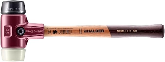Halder Simplex Soft-Faced Mallet 3028.050 – Medium-Hard Rubber Insert, Hard Nylon Insert, Cast Iron Housing with Handle Protection Sleeve, Varnished Wooden Handle, 50mm, 2.5 lbs.
