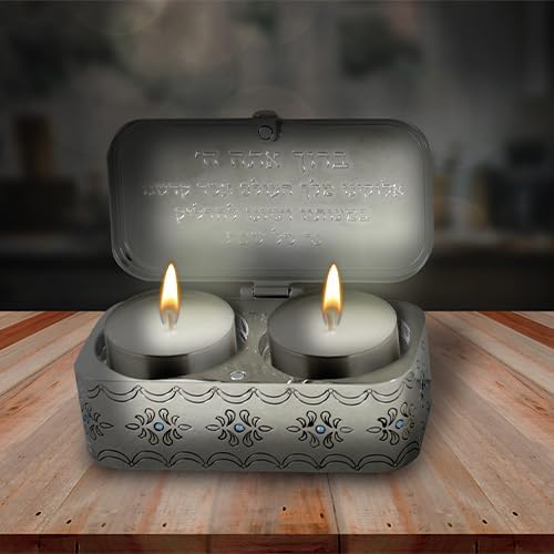 Nickel Travel Size Candlesticks with Cover Inlaid with Choshen Stones 1.2 * 3.5 Inch Jewish Shabbat Metal Travel Candle Holders