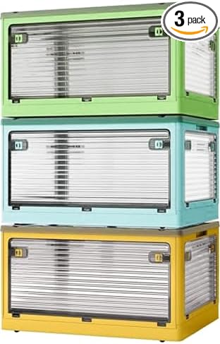 3-Pack Stackable Storage Bins, 50-Liter Collapsible Organizers with 3 Lids, Wheels, Foldable Collapsible Box for Outdoor Camping, Mixed Color