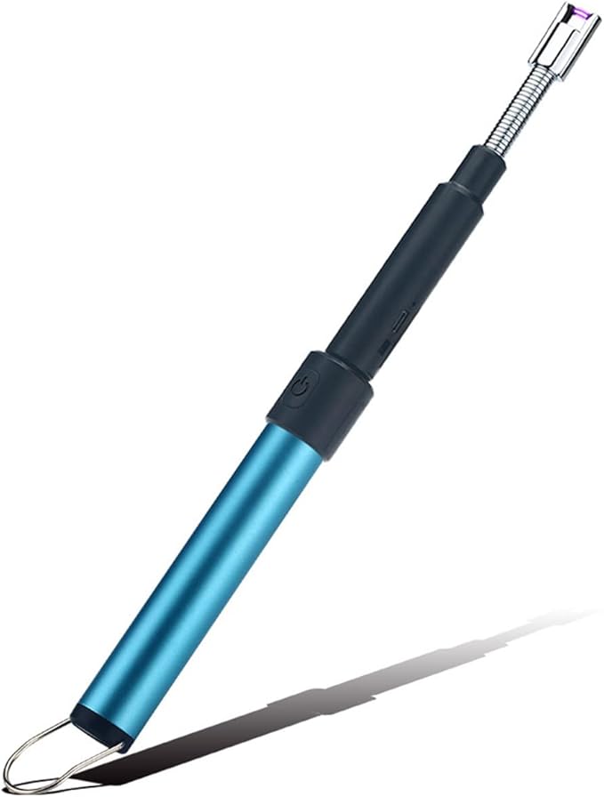 Electric Long Lighter,Retractable Length(11.4in-27.55in),Lgnition Port Can be Rotated 360°,Flameless Electronic Stick Lighter,Wind- & Weatherproof Long Lighter for Kitchen, Grilling, Stove, etc.(blue)