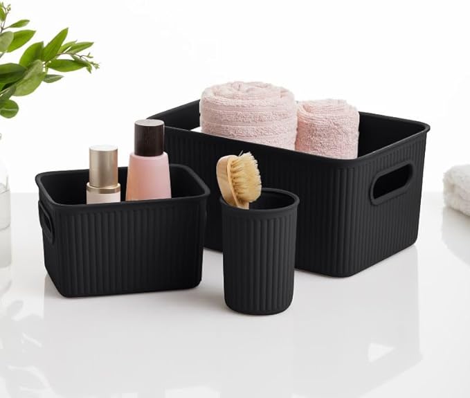 Superio Decorative Plastic Basket Open Home Storage Bins Organizer Baskets, Small, Brown (8 Pack) Container Boxes for Organizing Closet Storage Bins for Shelves Drawer Shelf, 1.5 Liter