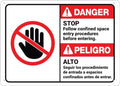 Danger Follow Confined Space Entry Procedures Bilingual Spanish Sign 12”X8” Metal Signs Aluminum Sign Pre-Drilled Holes For Easy Mounting Indoor Or Outdoor Use For Fence Door Or Gate