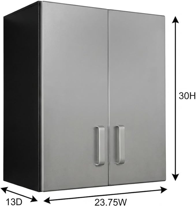 Furnifact Black Metal Two Door Overhead Cabinet with Silver Metallic Fronts, Heavy Duty Steel Wall Mount Storage for Garage Office Workshop