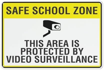 Metal Wall Art Decor Safe School Zone This Area Is Protected By Video Surveillance Aluminum Sign Indoor & Outdoor Use Safety Warning Sign 12"X8"