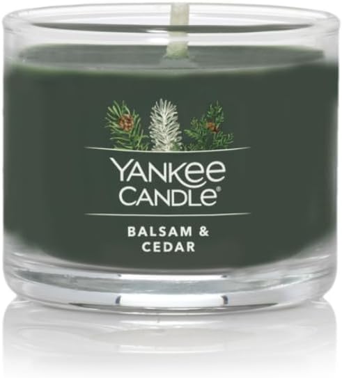 Yankee Candle Signature Votive Mini Candle Jar, Balsam & Cedar Scent, Natural Soy Wax Blend Candle with Natural Fiber Wick, 1.3 OZ Glass Jar (Pack of 4)
