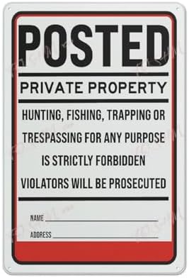 Retro Tin Sign Private Property Sign With Hunting & Trespassing Warning Indoor & Outdoor Use Safety Warning Sign 12"X8"