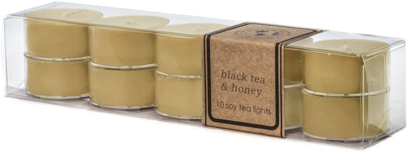 ECO CANDLE CO. Tea Light Candles, Black Tea & Honey, 10-Pack - Scents Of Spicy Tea, Nutmeg, Honey, & Orange - Recyclable Plastic Cups, 100% Soy Wax, No Lead, Hand Poured, Midwest Soybeans, .6 oz. Each