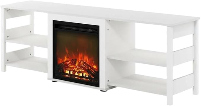 Furnifact White Emboss 70 Inch TV Stand with Fireplace, Wooden Construction, Modern Design, Ample Storage Space, and Easy Assembly