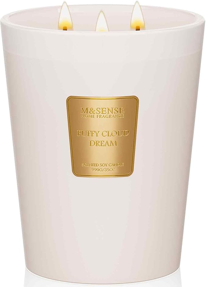 M&SENSE Puffy Cloud Dream Soy Large Candles, 3-Wick 35oz 150H Slow Burning, Aromatherapy Candle for Nursery Calm Winter Home Décor