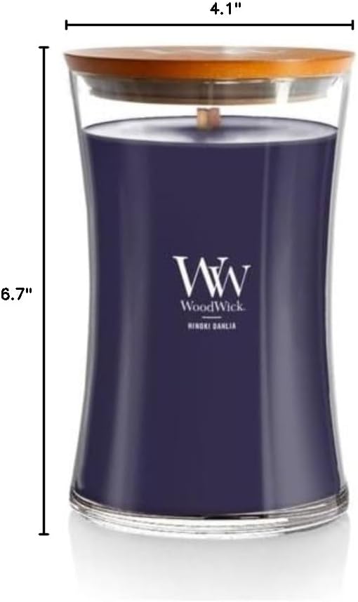 WoodWick Large Hourglass Candle Hinoki Dahlia - Premium Soy Blend Wax Pluswick Innovation Wood Wick Made in USA