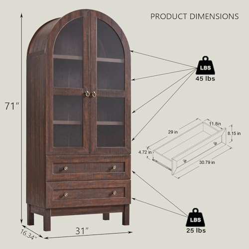 IFBUY 71" Tall Arched Bookshelf, 4-Tier Bookcase with Glass Doors and Shelves, Wooden Display Cabinet w/2 Large Storage Drawers, Modern Farmhouse Versatile Bookshelf for Living Room, Bedroom, Brown