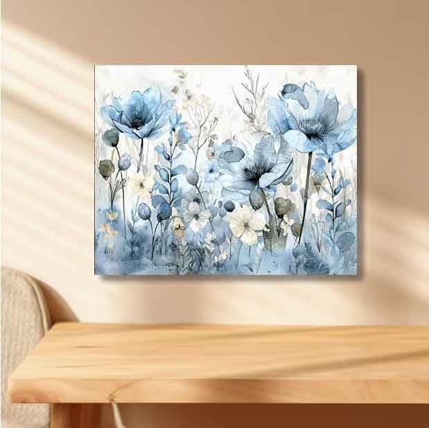 Soft Blue Watercolor Wildflowers Bouquet Paint by Numbers for Adults, Minimalist Floral DIY Painting Kit, Elegant Home Decor 24 Colors 20x24 inch Framed