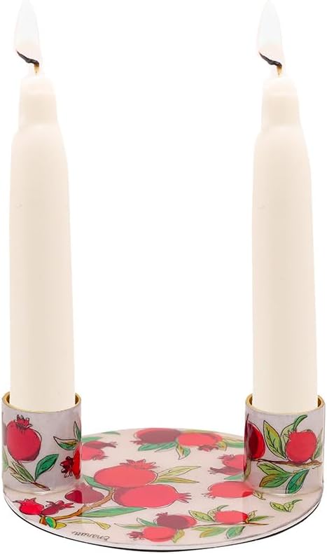 Yair Emanuel Flat Plate Candle Holders for Shabbat 4 Inch Vibrant Pattern Design Modern Judaica Gift (CSE-1 Pomegranates)