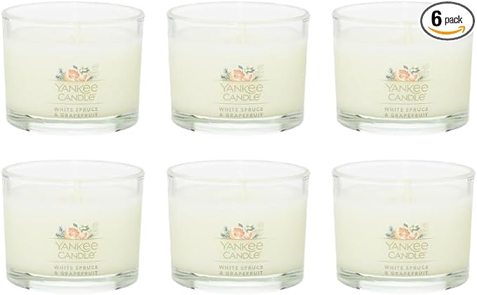 Yankee Candle Signature Votive Mini Candle Jar, White Spruce & Grapefruit Scent, Natural Soy Wax Blend Candle with Natural Fiber Wick, 1.3 OZ Glass Jar (Pack of 6)