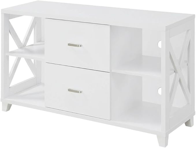 Furnifact White Deluxe 2 Drawer TV Stand, for 55-Inch TVs, Particle Board/MDF, Transitional Coastal Style, Stylish and Functional Design