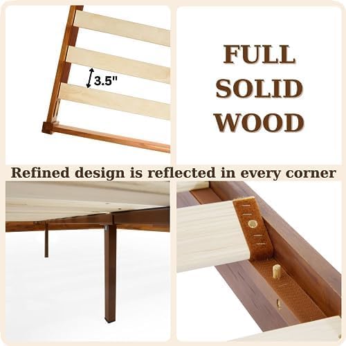 Bme Dinkee Wooden Queen Bed Frame, 15 Inch Height, Elegant Minimalist Modern Design with Japanese Joinery, Durable Wood Slats for Reliable Support, No Box Spring Required, Caramel