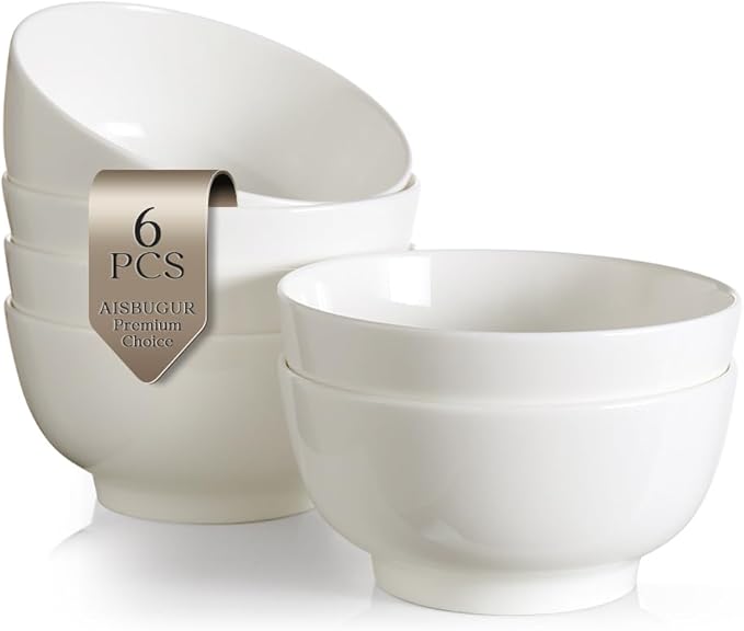 AISBUGUR Ceramic Bowls Set of 6-26OZ Deep Soup Bowls Salad Bowls for Kitchen Microwave & Dishwasher Safe - White Serving Bowls for Cereal, Soup, Pasta, Dessert