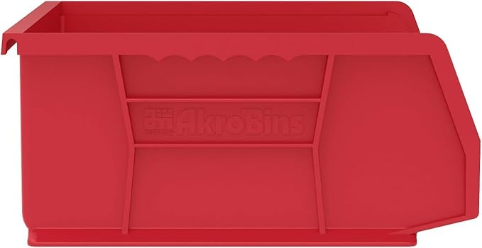 Akro-Mils 30255 AkroBins Plastic Storage Bins, Space-Saving Stackable Bins for Garage, Pantry, Craft Organization, 11" x 16" x 5", Red, 6-Pack