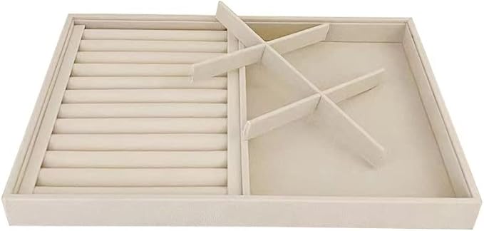 Large Beige Premium Quality Velvet Jewelry Display Box Tray Stackable Practical Trade Show Home Store 6 Grid and Ring