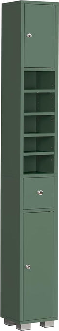TEENFON Bathroom Cabinet, Narrow Bathroom Storage Cabinet with 5 Adjustable Shelves & Drawer, Freestanding Cupboard for Small Spaces, Green