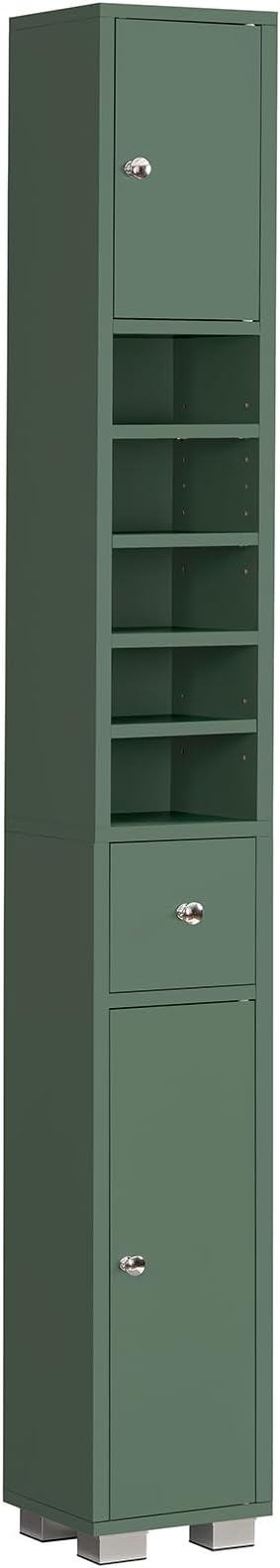 TEENFON Bathroom Cabinet, Narrow Bathroom Storage Cabinet with 5 Adjustable Shelves & Drawer, Freestanding Cupboard for Small Spaces, Green