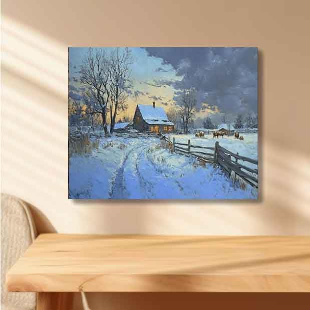 Snowy Farmhouse Cabin with Horses Paint by Numbers for Adults, Rustic Winter Landscape DIY Painting Kit, Cozy Home Decor 24 Colors 16x20 inch Framed