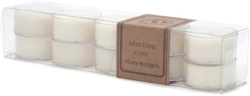 ECO CANDLE CO. Tea Light Candles, Sterling Rose, 10-Pack - Scents of Green Notes, Fresh Cut Roses, Floral, & Musk - Recyclable, 100% Soy Wax, No Lead, Hand Made, .6 oz. Each, Midwest Soybeans