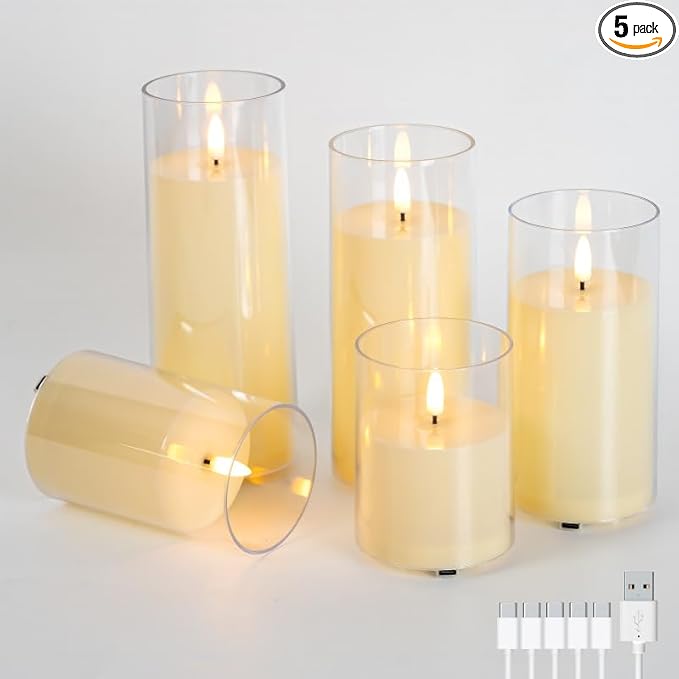Rechargeable Flameless LED Candles, Flickering Candles, 5pc Pillar Candles for Valentine's Day, Wedding, Centerpiece Table Decorations, Home Decor, Anniversary