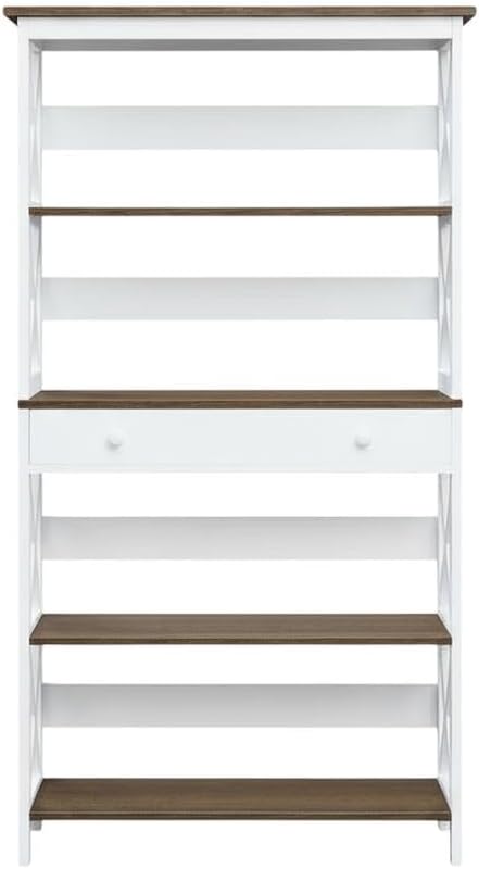 Furnifact Driftwood White 5-Tier Bookcase with Drawer, Durable MDF and Particle Board Construction, Melamine Finish, Stylish Storage Solution