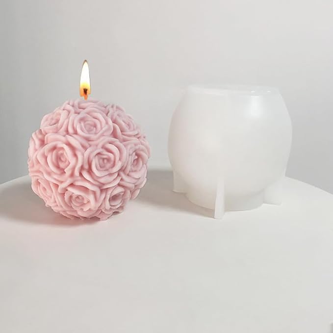 Cestony Valentine's Day 3D Large Rose Ball Candle Silicone Molds for Making Candle Resin Pillar Aromatherapy Gypsum Candles Wax Soap Flower Specimen Clay Craft