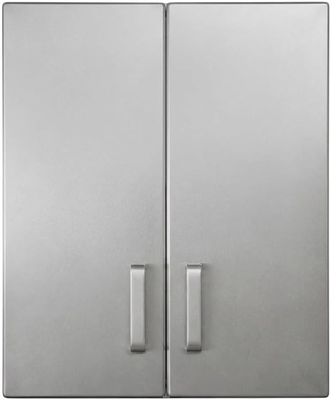 Furnifact Black Metal Two Door Overhead Cabinet with Silver Metallic Fronts, Heavy Duty Steel Wall Mount Storage for Garage Office Workshop