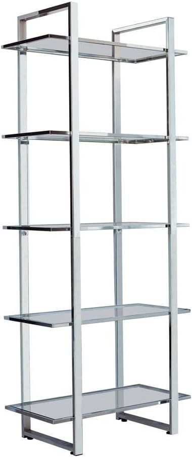 Contemporary Five-Tier Bookcase with Clear Glass Shelves in Polished Chrome by FurniFact