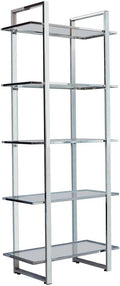 Contemporary Five-Tier Bookcase with Clear Glass Shelves in Polished Chrome by FurniFact