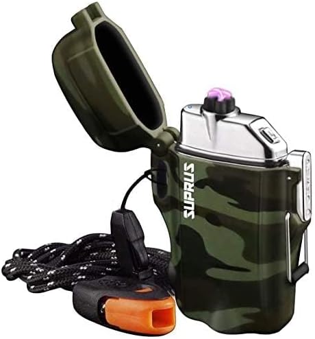 SUPRUS Waterproof Lighter 3 Modes of Flashlight Windproof Lighter Dual Arc Electric Lighters Rechargeable Dual Arc Plasma Lighter with Survival Emergency Whistle and Lanyard Camouflage