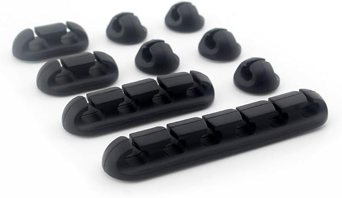 Multi-Purpose Cable Management System, Silicone Wire Organizer Clips Set, Black, 9-Piece Kit with 4 Sizes, Desktop and Office Cable Holder for Charging, Data, Network, Audio Cables