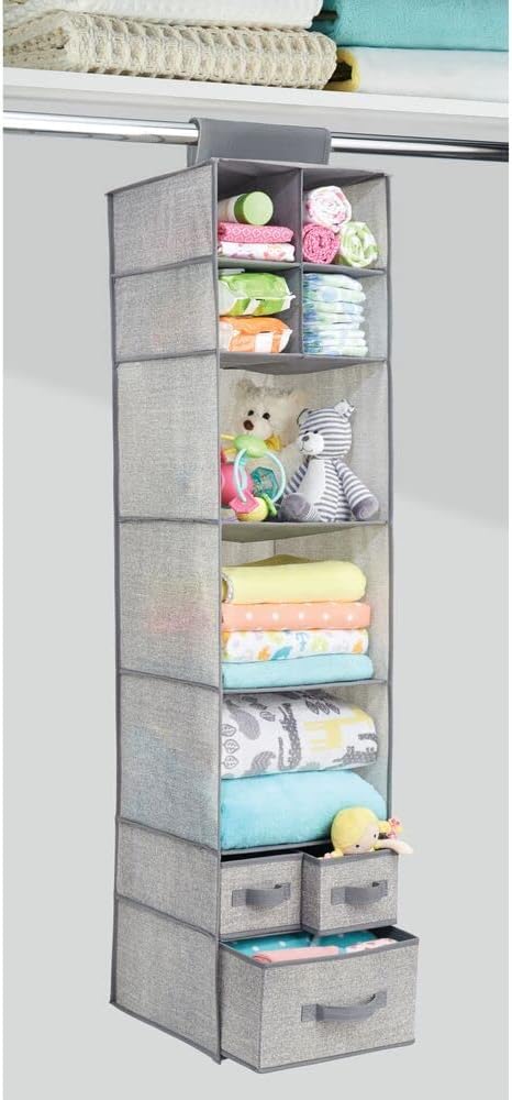 mDesign Fabric Hanging Organizer - Over Closet Rod Storage - 7 Shelves/3 Removable Drawers for Baby Nursery Bedroom Organization - Hold Clothes, Linens, Toys, Accessories - Lido Collection - Gray