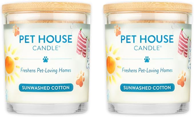 One Fur All Pet House Candle 2 Pack - Plant-Based/Soy - Clean Burning Scented, Long Lasting Pet Odor Candle for Home - Sunwashed Cotton