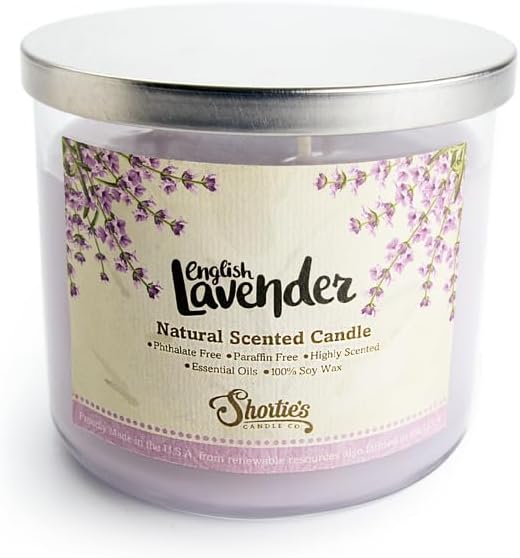 English Lavender Highly Scented Natural 3 Wick Candle, Essential Fragrance Oils, 100% Soy, Phthalate & Paraben Free, Clean Burning, 14.5 Oz.