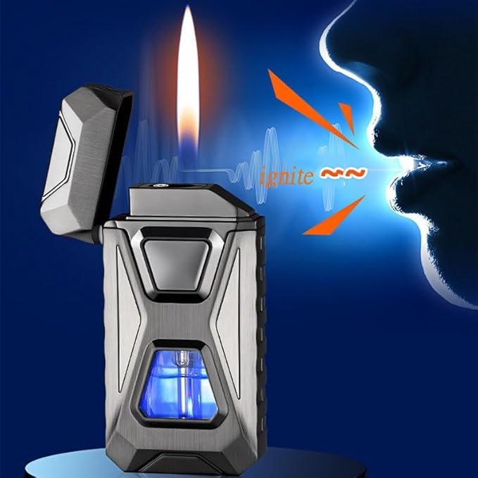 Voice Activated Windproof Dual Flame Lighter, USB Rechargeable Arc Lighter,Jet Flame and Soft Flame, Visible Transparent Window, Refillable Butane Lighter, Cool Lighters Gift for Men(Silver)