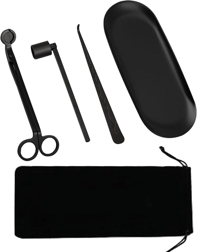 MrMrKura 4 in 1 Candle Accessory Set, Candle Snuffer, Candle Wick Cutter, Candle Dipper, Storage Tray Plate, Candle Care Kit with Velvet Pouch for Candle Lover (Black)