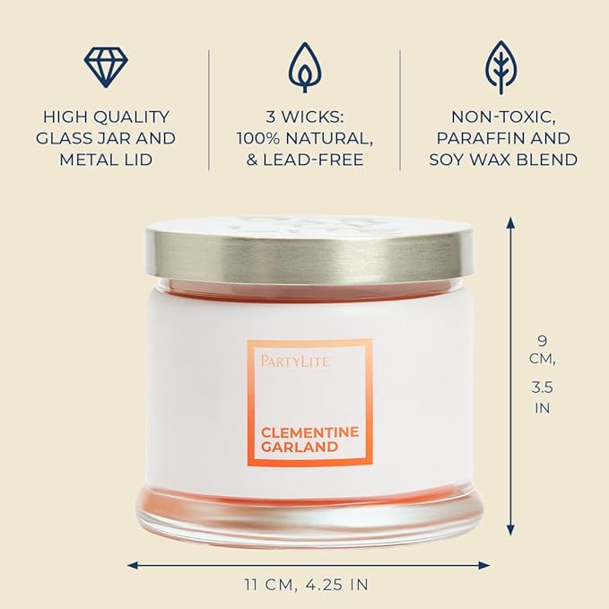 PartyLite 3-Wick Jar Candle, Highly Fragranced Clean Burning Glass Candle, 25-45 Hours Burn Time (Clementine Garland)