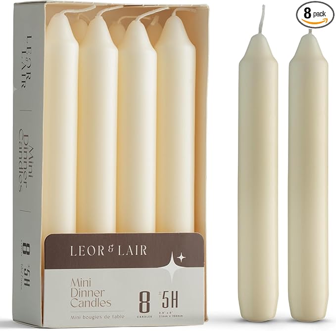 Leor & Lair Ivory Candlesticks – Pack of 8 Small Candle Sticks – 6 Inch Taper Candles with Cotton Wick – 5 Hour Burn Cream Taper Candles for Events, Holiday & Home Décor