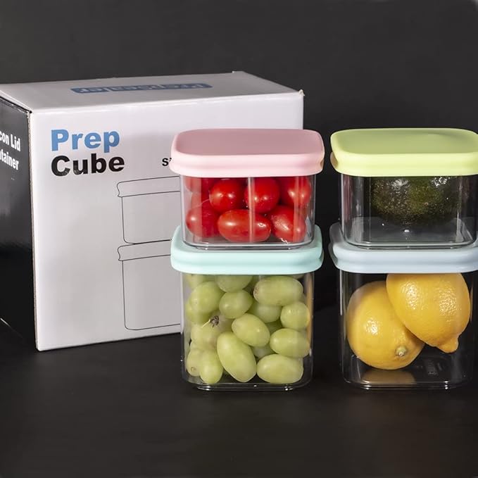 PrepCube Food Storge Continer with Silicon Lid Airtight -4PC Set, BPA-Free, Stackable Freezer Storge, Leftovers Storge, Prep Meal Storge, Kitchen and Pantry Organization Leakproof