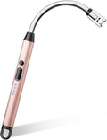 VEHHE Long Lighters Rechargeable with Safety Switch, USB C Lighter with 360° Flexible Neck, Windproof Flameless Plasma Arc Lighter with Led Battery Display for Fireworks BBQ Camping (Rose Gold)