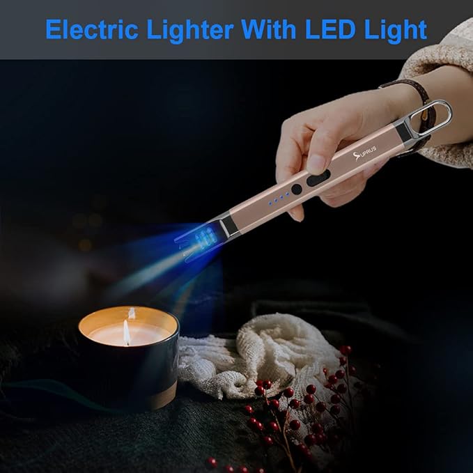 SUPRUS Candle Lighter Electric Arc Lighter Windproof Flameless USB Rechargeable Lighter with LED Light for Candle Camping BBQ Cooking (Black+Champagne Gold)