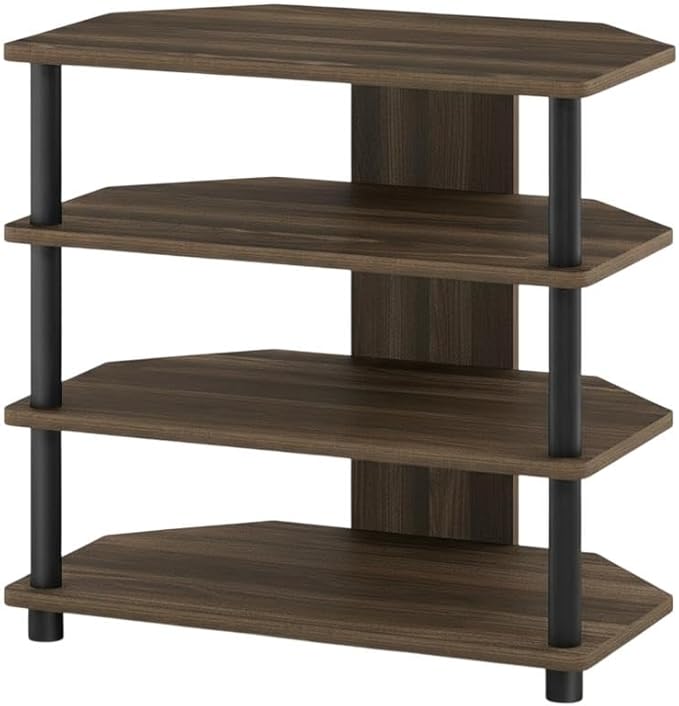 Furnifact White 4-Tier Petite TV Stand, Wood, Modern Design, Walnut/Black Finish, Space-Saving, Durable Storage